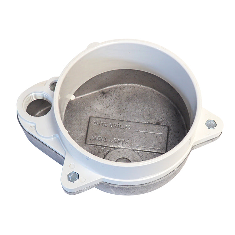 WCOP Series Sanitary Aluminum Top Watertight Well Cap with Conduit Tapping and Vent and Optional Ground Lug– PVC Base
