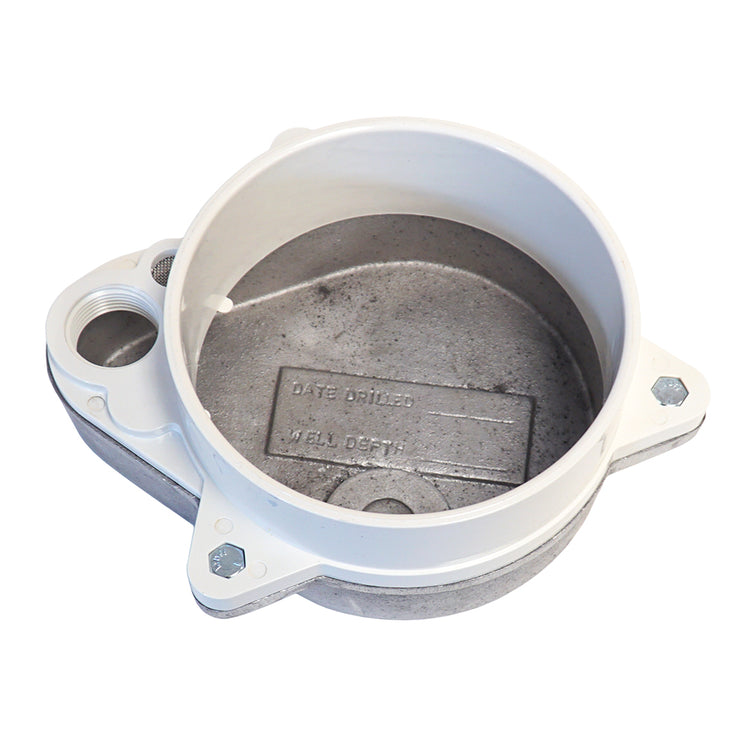 WCOP Series Sanitary Aluminum Top Watertight Well Cap with Conduit Tapping and Vent and Optional Ground Lug– PVC Base | WCOP