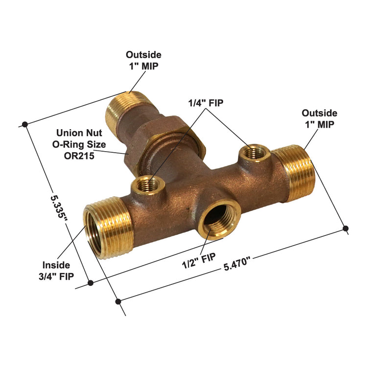 1" Long Cast Brass Tank Tee with Union – No Lead | BATNL1U